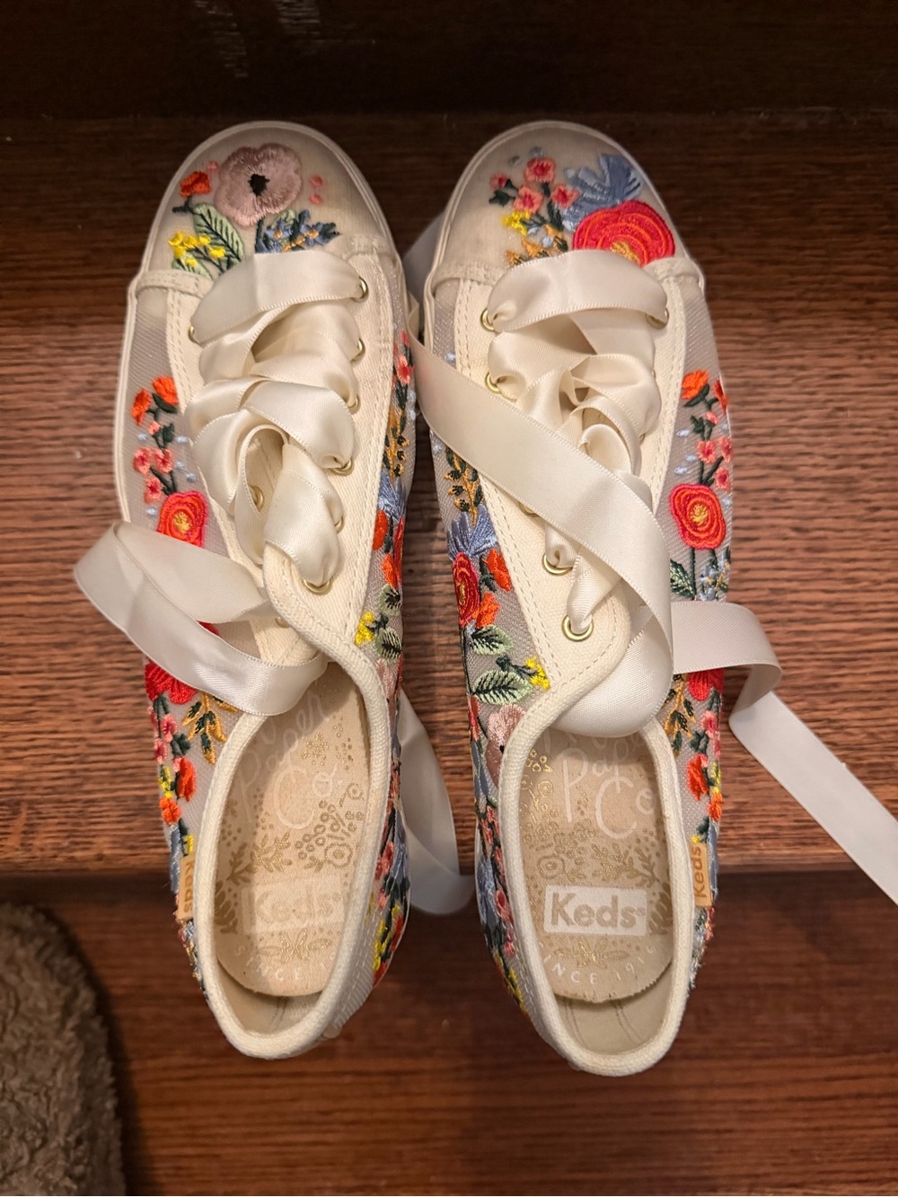 Keds Cream Floral Embroidered Satin Ribbon Sneakers - Picture 1 of 5